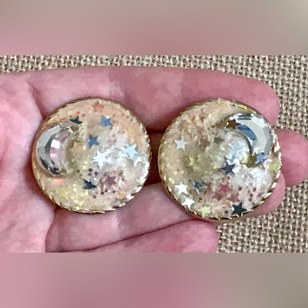 Vintage Moon And Stars Round Earrings Iridescent Boho Celestial Fairy Core